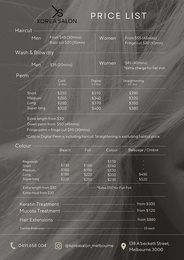 Korea Salon Melbourne Price List 1